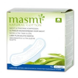 MASMI, Органические ультратонкие хлопковые прокладки с крылышками для обильных выделений или для использования в ночное время, 10 шт.