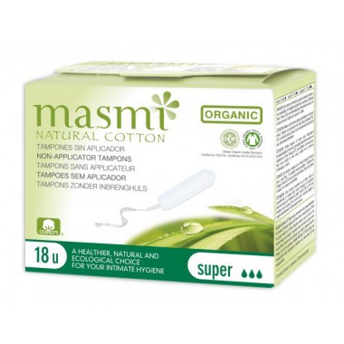 MASMI, Органические хлопковые тампоны без аппликатора Super (9-12 гр, 3 капельки) для нормальных и сильных выделений, 18 шт.