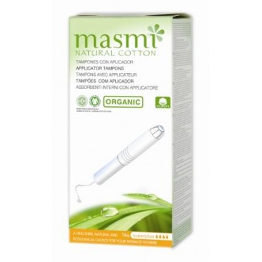 MASMI, Органические хлопковые тампоны с аппликатором Super Plus (12-15 гр, 4 капельки) для обильных выделений или для использования в первые дни менструации, 14 шт.