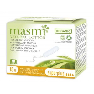 MASMI, Органические хлопковые тампоны без аппликатора Super Plus (12-15 гр, 4 капельки) для обильных выделений или для использования в первые дни менструации, 15 шт.