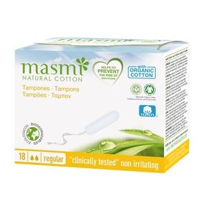 MASMI, Органические хлопковые тампоны без аппликатора Regular (6-9 гр, 2 капельки) для незначительных и умеренных выделений или для использования в последние дни менструации, 18 шт.